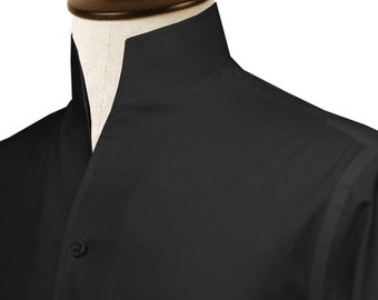 Jet Black Karl Lagerfeld Style Shirt Open Buttonless Collar Dress Shirts For Mens/ Tall Neck Shirt, Big Collar Shirt/ High Open Collar Shirt