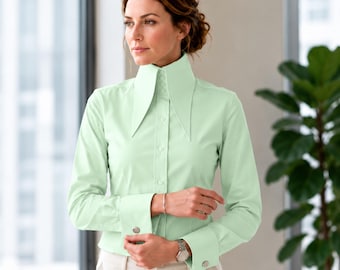 Karl lagerfeld Style High 7 Inch Long Pointed Mint Green Shirt for Women Tall Neck Collar Shirt Large Collar Big Collar Vintage Cotton Shirt