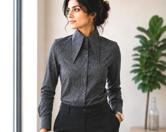 Grey Printed High Long Pointed Shirt for Women Tall Neck Collar Shirt Large Collar Gangster Big Collar Vintage Shirt Karl lagerfeld Style