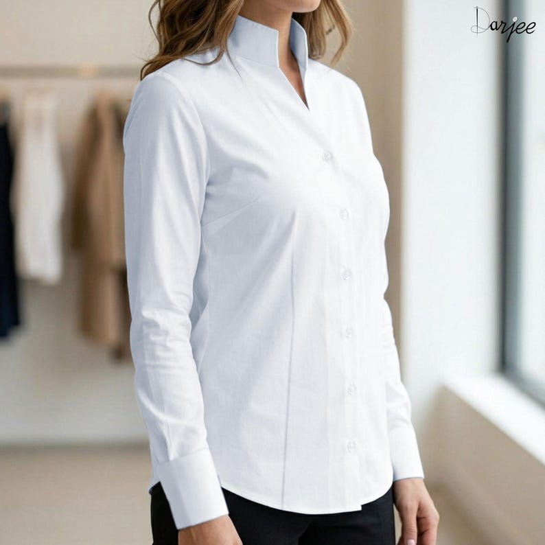 White Women Shirt High Collar Shirt Buttonless V Neck Collar Shirt High ...