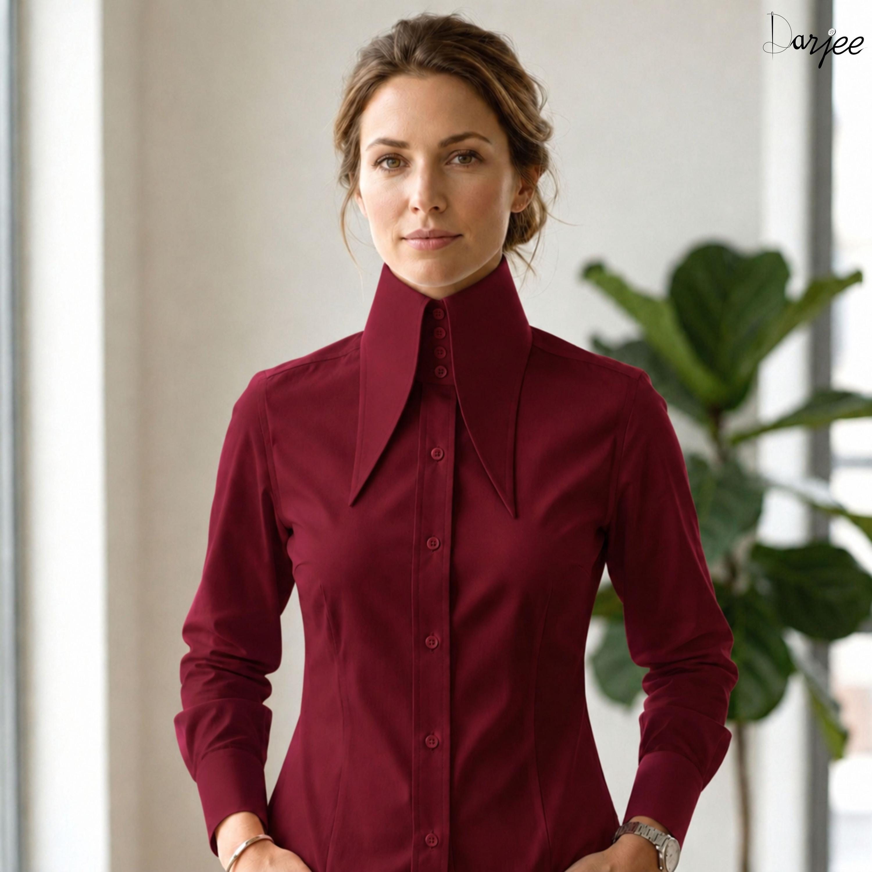 Burgundy High Extreme Long Pointed Women Blouse Shirt Karl Lagerfeld Style Tall Neck Collar Shirt Large Collar Big Collar Vintage Shirt