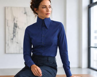 Women High Long Pointed Navy Blue Blouse Shirt Tall Neck Collar Shirt Large Collar Gangster Big Collar Vintage Shirt Karl Lagerfeld Style