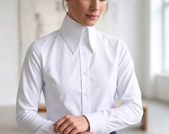 Women High Long Pointed White Blouse Shirt for Tall Neck Collar Shirt Large Collar Gangster Big Collar Vintage Shirt Karl Lagerfeld Style
