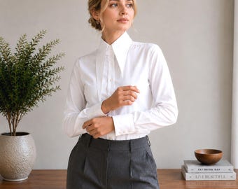White Cotton Spearpoint Collar Shirt: Tall Neck, Vintage Style, High Neck Collar Shirt, Workwear Women Blouse, Pointed Ladies Shirt