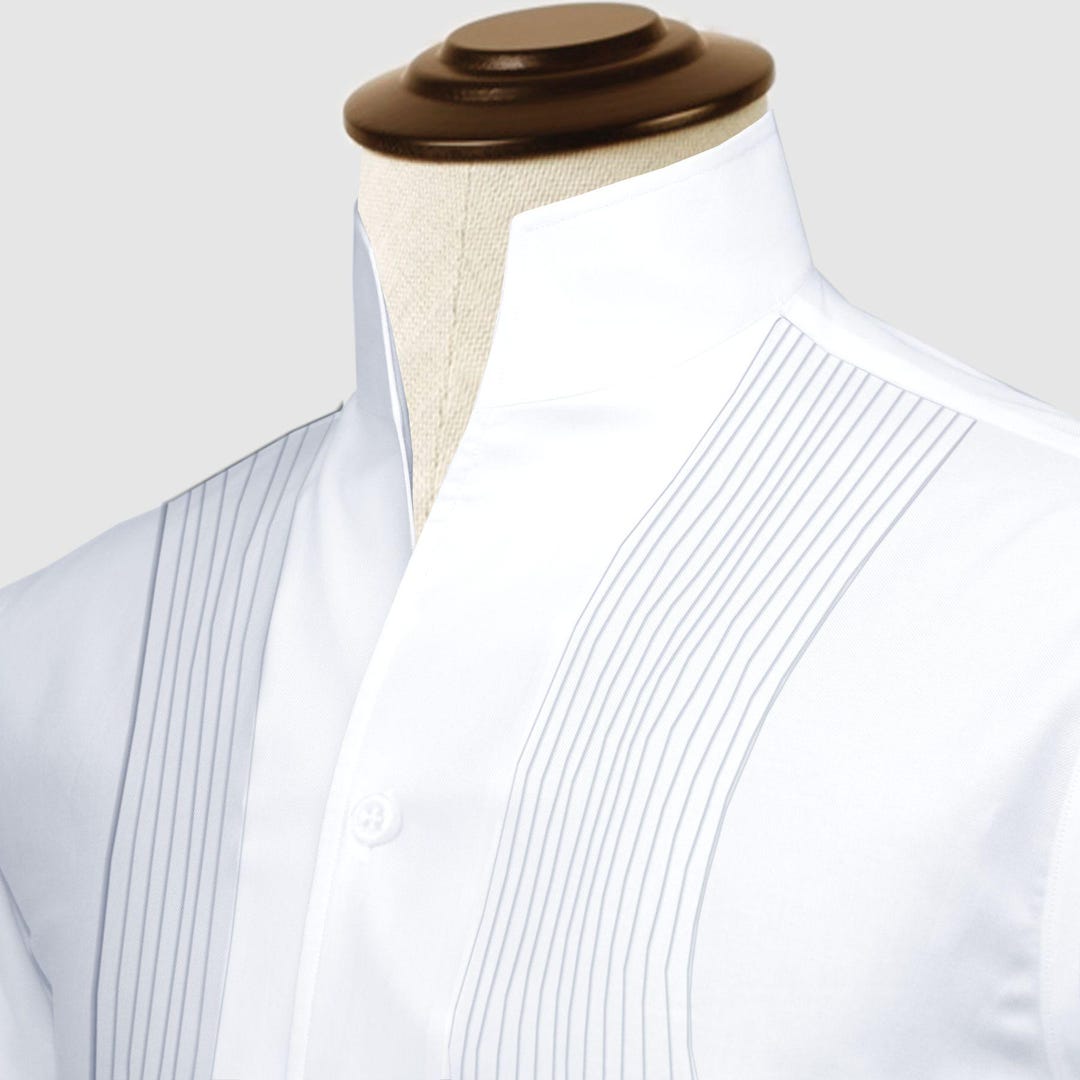 White Men Shirt High Open Neck Collar Shirt Tuxedo Placket V