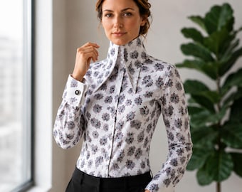White Leaf Printed High 7 inch Long Pointed Shirt for Women Tall Neck Collar Shirt Large Collar Big Collar Vintage Shirt Beach Party Wear