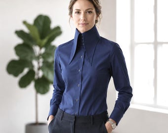 Karl lagerfeld Style High 7 Inch Long Pointed Navy Blue Women Shirt Tall Neck Collar Shirt Large Collar Gangster Big Collar Vintage Shirt