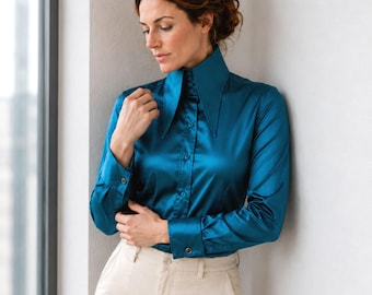 Karl lagerfeld Style High 7 Inch Long Pointed Women Teal Blue Pure Silk Shirt Tall Neck Collar Shirt Large Collar Big Collar Vintage Shirt