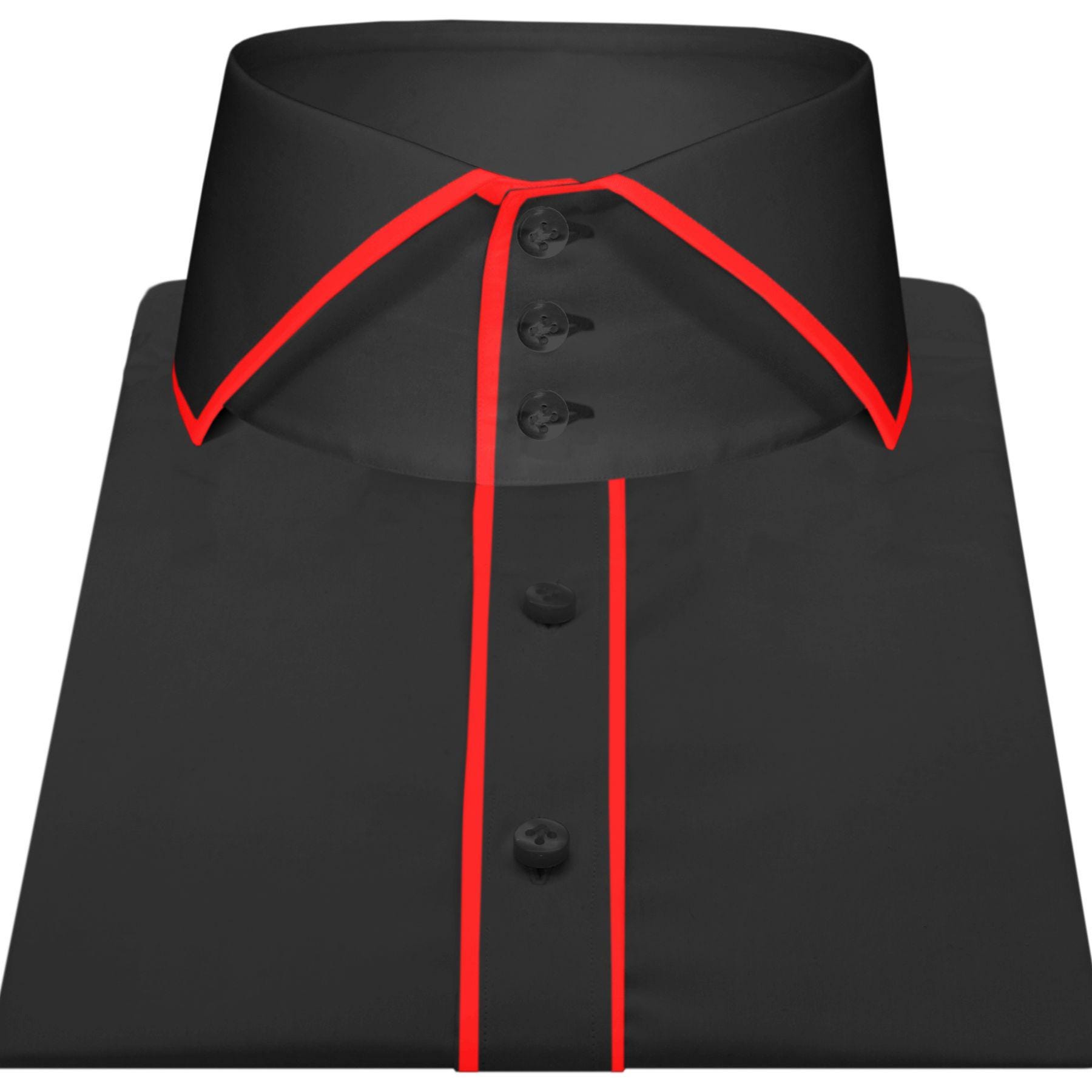 black dress shirt with red collar Comfort Stretch Non-Iron Solid Dress Shirt With Contrast Trim - Black