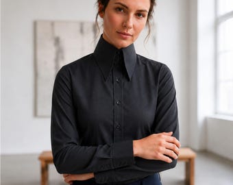 Women High Long Pointed Dark Grey Blouse Shirt Tall Neck Collar Shirt Large Collar Gangster Big Collar Vintage Shirt Karl Lagerfeld Style