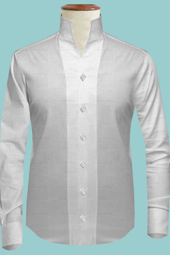 White Linen Men Shirt High Collar Tall Neck Stiff Chinese