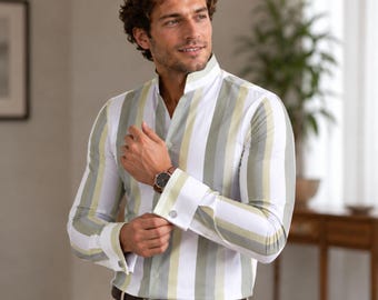 Karl Lagerfeld Style Multi Color Striped Open Buttonless Collar Dress Men Shirt Tall Neck Shirt Big Collar Shirt High Open V Collar Shirt