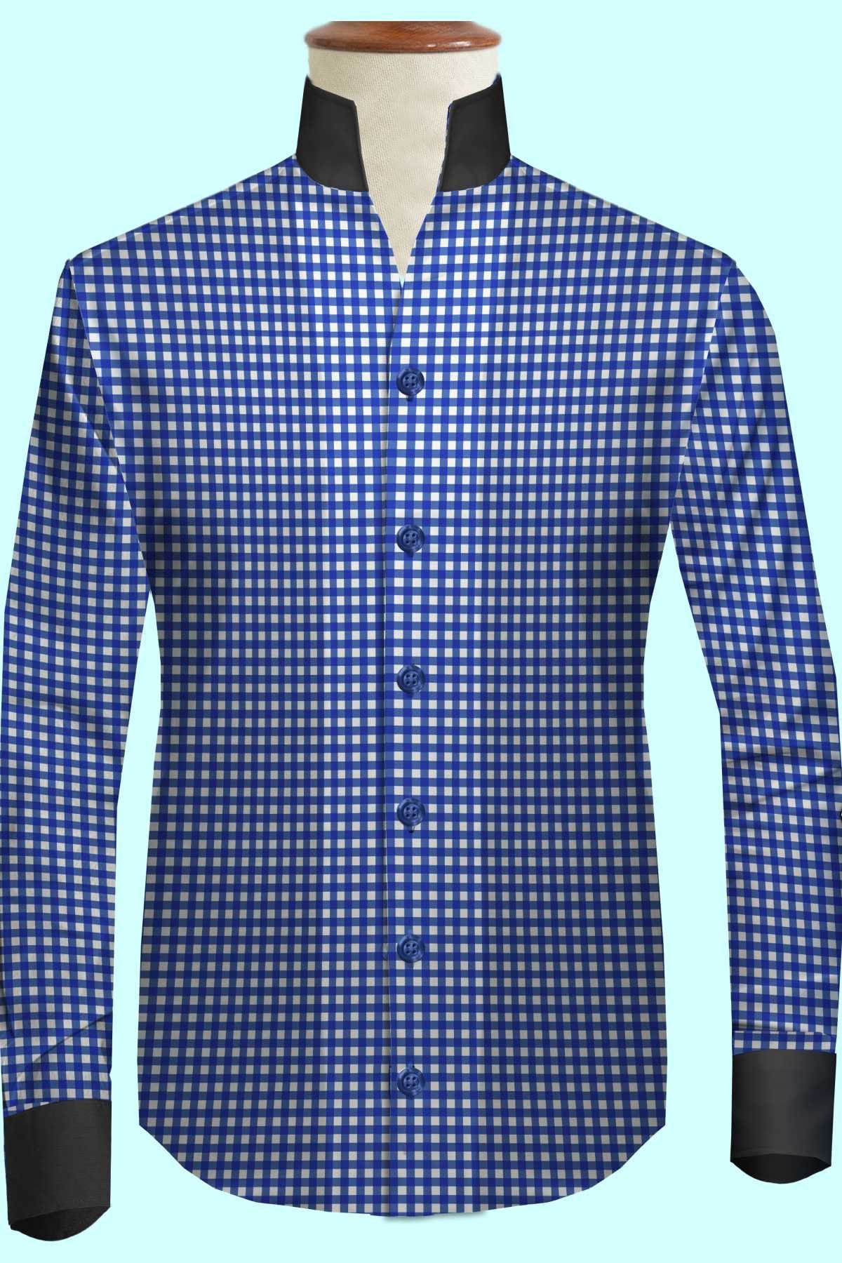 Blue Gingham Checks Karl Lagerfeld Shirt Open Buttonless Collar 
