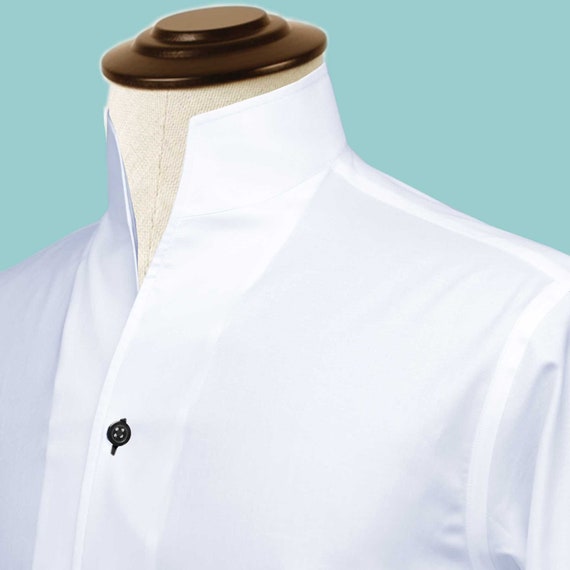 One Peace High Neck Vintage White Blouse Men Dress Shirt Giza Cotton Shirt  for Wedding Tall Neck Stiff Collar Shirt 