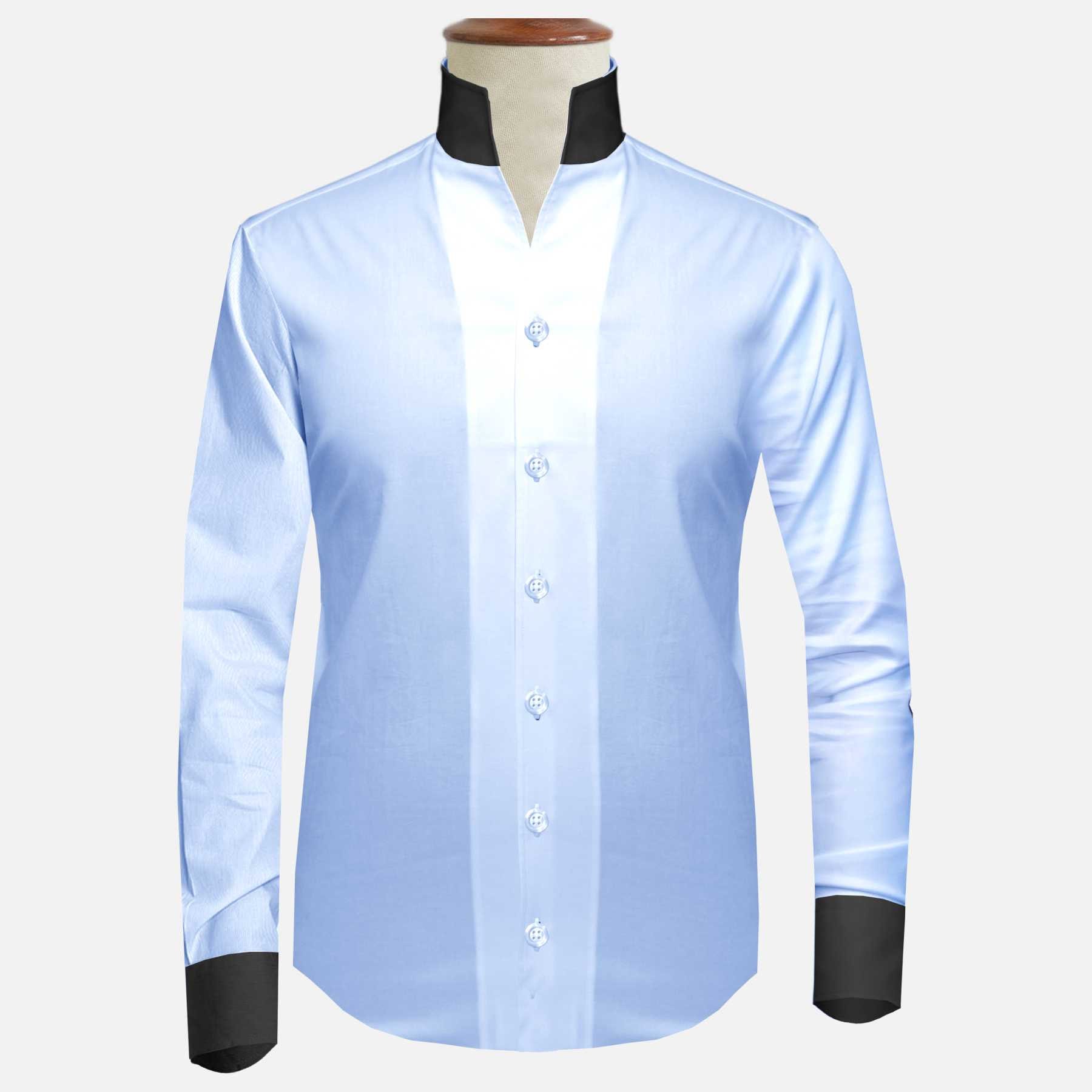 Sky Blue Men Shirt in High Open Collar Shirt Tall Neck Stiff Collar Father Day Gift For Him Giza Cotton Shirt Chinese Banded Collar Shirt