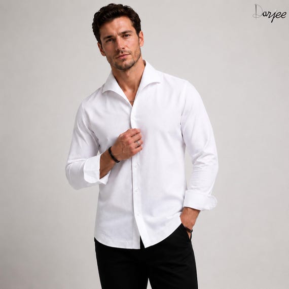 cooper collar dress shirt White Cooper Collar Men Shirt One Piece Open Lapel Tailored Shirt Wedding  Attire Cuban Collar Notch Summer Korean Style Cotton Dress Shirt