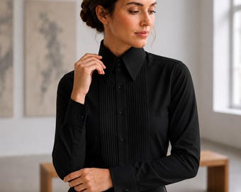 Women High Long Pointed Jet Black Blouse Tuxedo Shirt for Tall Neck Collar Shirt Large Collar Big Collar Vintage Shirt Karl Lagerfeld Style
