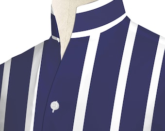 Navy Blue Striped Men's Shirt High Collar Shirt Buttonless V Collar Shirt High Tall Neck Collar China High Band Collar Cotton Dress Shirt