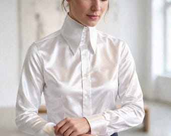 Women White Pure Silk Blouse Shirt High Long Pointed Shirt Tall Neck Collar Shirt Large Collar Big Collar Vintage Shirt Karl Lagerfeld Style