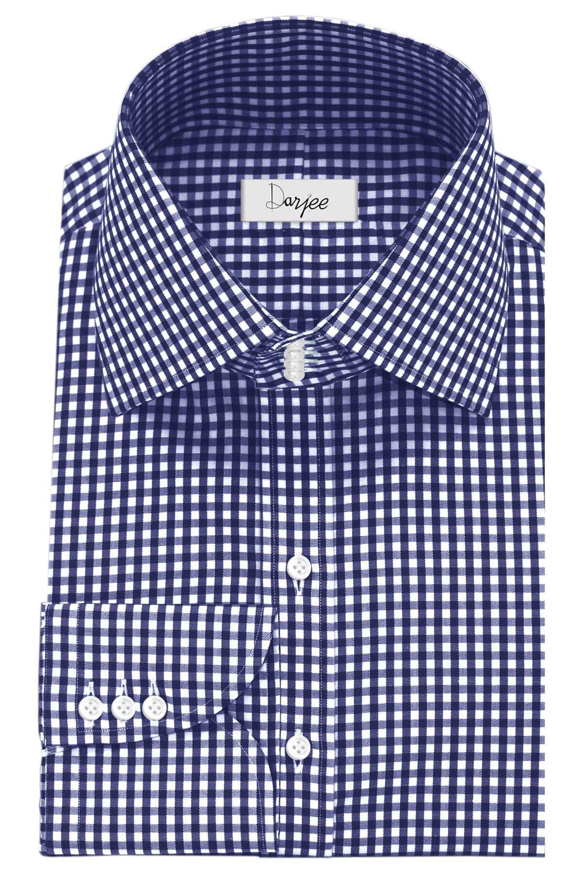 Men Blue Gingham Check Shirt in High Spread Stiff Collar Shirt Easter Gift For Him Iconic Edwardian Windsor Wider Tall Neck Collar Shirt