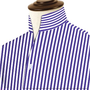 Blue White Striped Men's Shirt High Collar Shirt Buttonless V Collar Shirt High Tall Neck Collar China High Band Collar Cotton Dress Shirt