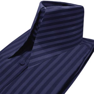 Può includere: Una camicia blu scuro a righe verticali. La camicia ha un colletto alto e appuntito.