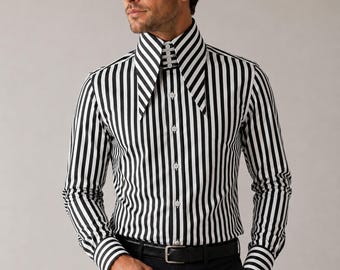 Black & White Striped High Long Extreme Pointed Men Shirt Tall Neck Stiff Collar Shirt Large Big Collar Karl lagerfeld Style Vintage Shirt