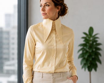 Karl lagerfeld Style High 7 Inch Long Pointed Women Gold Pure Silk Shirt Tall Neck Collar Shirt Large Collar Big Collar Vintage Shirt