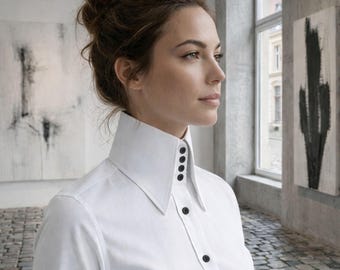 Long Pointed White Blouse Shirt For Women with Contrast Black Buttons Tall Neck Karl Lagerfeld Style Vintage Tops Big Collar Shirt