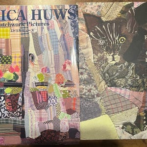 May include: Two books titled Edrica Huws Patchwork Pictures and Edrica Huws Patchworks. The covers feature colorful, intricate fabric patchwork designs, including a cat illustration, with various patterns and textures in shades of pink, blue, green, and brown.