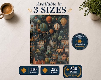 Könnte beinhalten: Ein Puzzle mit einer nächtlichen Szene aus Häusern und Heißluftballons. Der Text umfasst Available in 3 SIZES, PERFECT FOR RELAXING & Unwinding, 110 Pieces, 252 Pieces, 520 Pieces BEST SELLER. Das Puzzle zeigt eine dunkle, detaillierte Landschaft.