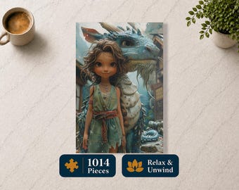 Puede incluir: Un rompecabezas colorido con una niña y un dragón azul. La niña lleva un vestido verde y está junto al dragón. El rompecabezas tiene 1014 piezas y las palabras "Relax & Unwind" se muestran en la parte inferior.