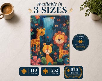 May include: A rectangular jigsaw puzzle featuring a colourful jungle scene with a giraffe, a lion, and a smaller feline character near a waterfall. The image includes text stating Available in 3 SIZES, 110 Pieces, 252 Pieces, 520 Pieces, and PERFECT FOR RELAXING & UNWINDING.