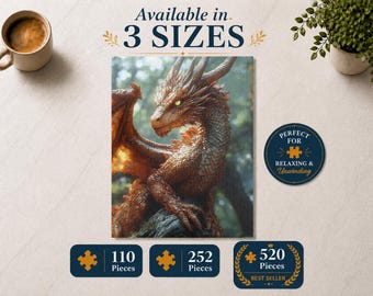 May include: A rectangular jigsaw puzzle featuring a detailed illustration of a brown dragon with textured scales and glowing yellow eyes. The product is available in three piece counts: 110 pieces, 252 pieces, and 520 pieces, with text indicating it is for relaxing.