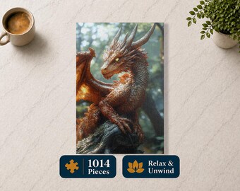 May include: A jigsaw puzzle featuring a detailed illustration of a red and brown dragon with yellow eyes, set against a blurred forest background. The puzzle has 1014 pieces and the text "Relax & Unwind".