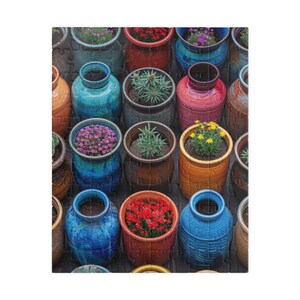 May include: A colorful puzzle featuring a top-down view of various ceramic pots filled with plants and flowers. The pots are in shades of blue, orange, red, and brown. The flowers include pink, red, and yellow blooms. The puzzle is a square shape.