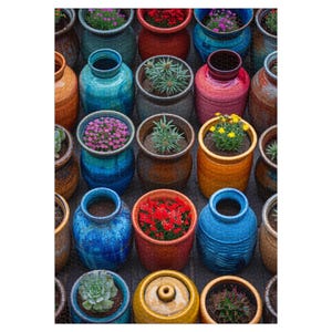 May include: An overhead shot of a collection of colorful ceramic pots filled with various plants and flowers. The pots are in shades of blue, orange, red, and yellow, creating a vibrant display. The plants include succulents and flowering varieties.