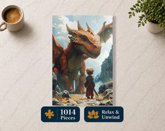 May include: A fantasy-themed puzzle featuring a large red dragon facing a small figure with a sword. The puzzle has 1014 pieces and the text "Relax & Unwind". A cup of coffee sits to the left.