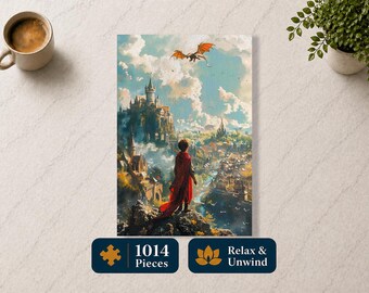 Puede incluir: Un rompecabezas de fantasía que representa a una persona con una capa roja que contempla una ciudad medieval con un castillo y un dragón en el cielo. El rompecabezas tiene 1014 piezas y el texto "Relax & Unwind". La imagen tiene una paleta de colores cálidos.