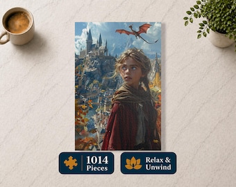 Puede incluir: Un rompecabezas con una escena de fantasía: una persona joven con una capa roja, un castillo y un dragón. El rompecabezas tiene 1014 piezas y el texto "Relax & Unwind".