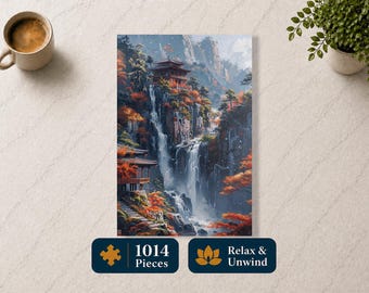 May include: A vertical puzzle featuring a scenic illustration of a Japanese temple nestled among mountains and a waterfall. The puzzle has 1014 pieces and the text "Relax & Unwind". The color palette includes shades of blue, orange, and green.