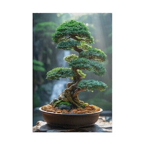 May include: A detailed image of a bonsai tree in a brown ceramic pot. The tree has lush green foliage and a gnarled, textured trunk. The pot sits on a stone surface, with a blurred waterfall in the background. The bonsai is a symbol of peace.