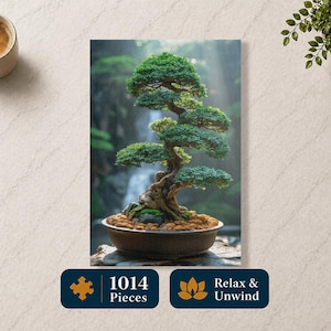 May include: A jigsaw puzzle featuring a serene image of a bonsai tree in a ceramic pot. The puzzle has 1014 pieces and the text "Relax & Unwind". The bonsai has lush green foliage and a textured trunk, set against a blurred waterfall backdrop.