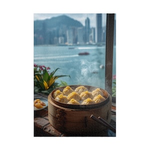 May include: A bamboo steamer basket filled with dumplings, with steam rising from them. The dumplings are yellow and round. The background shows a cityscape and a body of water.