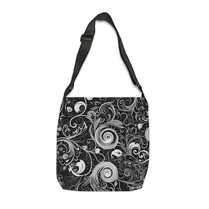 Tote Bag Black & White Rounded Swirls - Stylish and Adjustable Premium Bag with Zip, Great for Shopping or Travel, Unique Birthday Gift