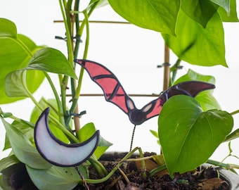 Pot Plant Stained Glass Stakes - Bat and Crescent Moon