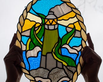 Kraken Lighthouse Stained Glass Art W/ Rope Border
