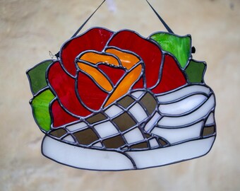 Classic Checkerboard Slip Ons Stained Glass Suncatcher With Red Rose