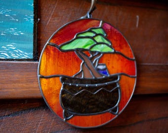 Mt Fuji Bonsai w/ Iridescent Rising Sun - Stained Glass Art
