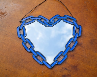 Stained Glass Chain Link  Heart Mirror - Blue